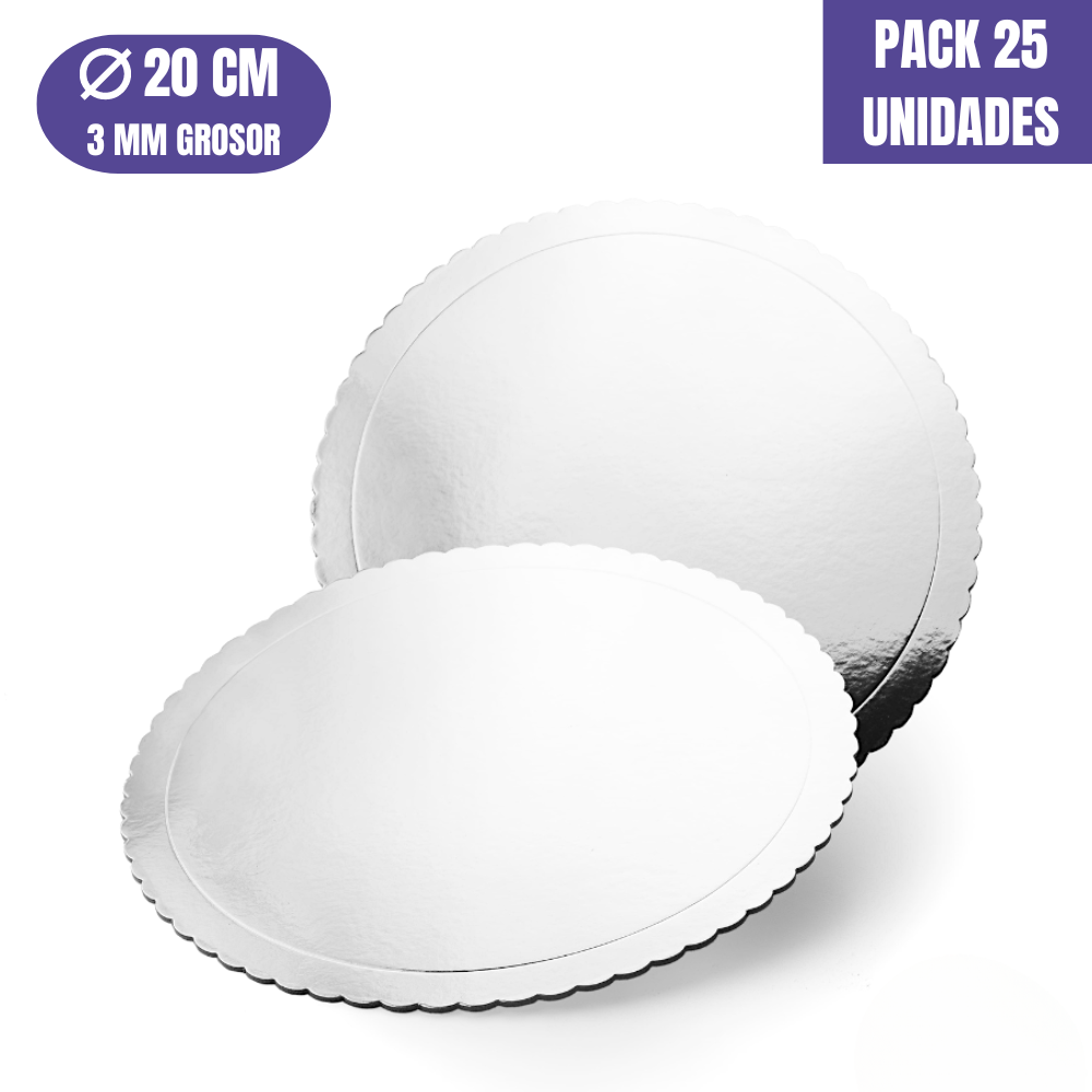 BASE PARA TARTA REDONDA DE 20 x 0,3 CM - PLATA (ACABADO ONDAS - EFECTO ESPEJO) [25 UDS]