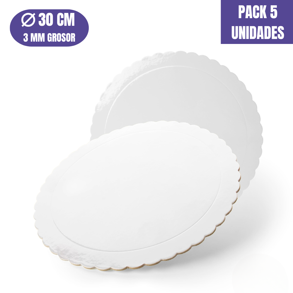 BASE PARA TARTA REDONDA DE 30 x 0,3 CM - BLANCA (ACABADO ONDAS) [5 UDS]