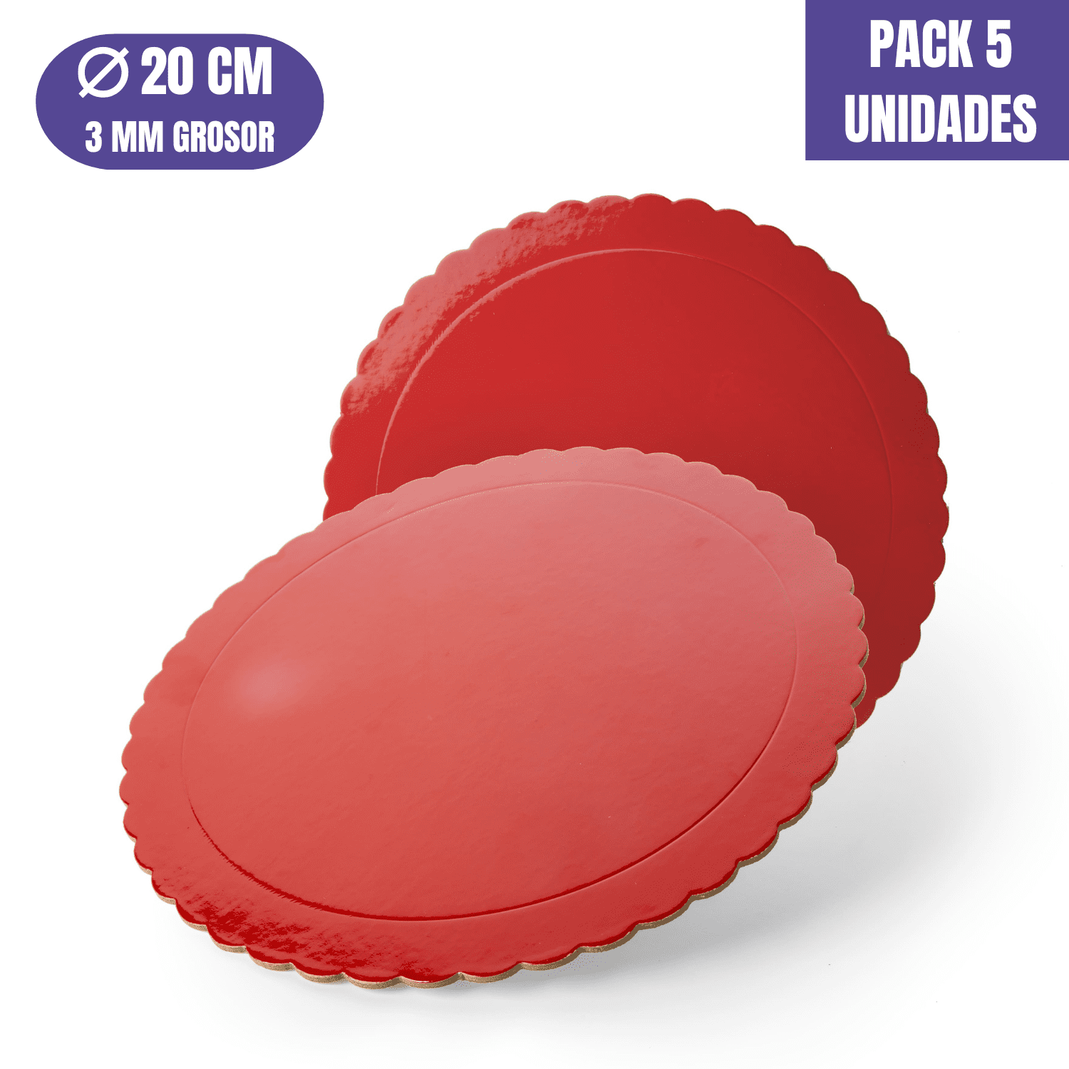 BASE PARA TARTA REDONDA DE 20 x 0,3 CM - ROJA (ACABADO ONDAS) [5 UDS]