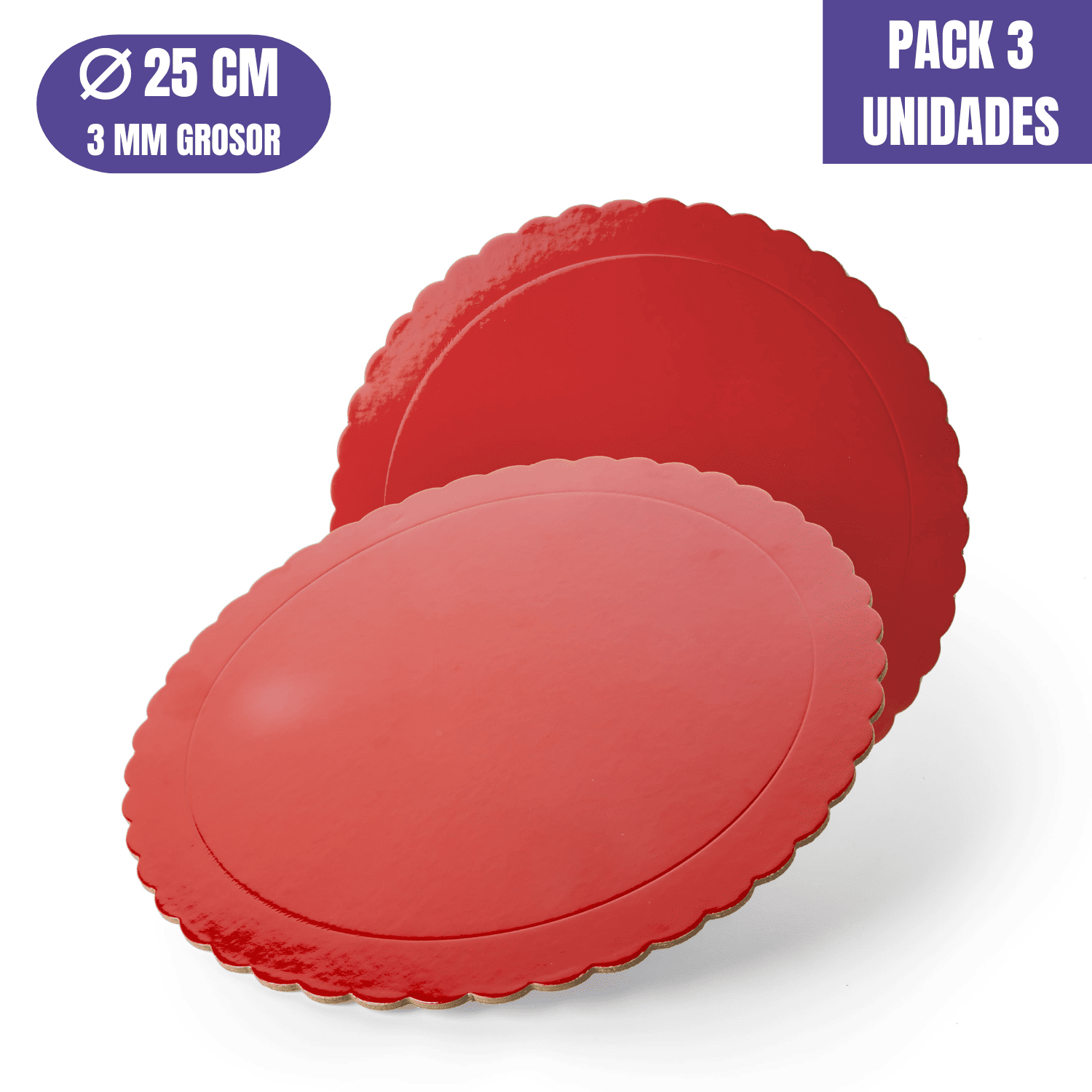 BASE PARA TARTA REDONDA DE 25 x 0,3 CM - ROJA (ACABADO ONDAS) [3 UDS]