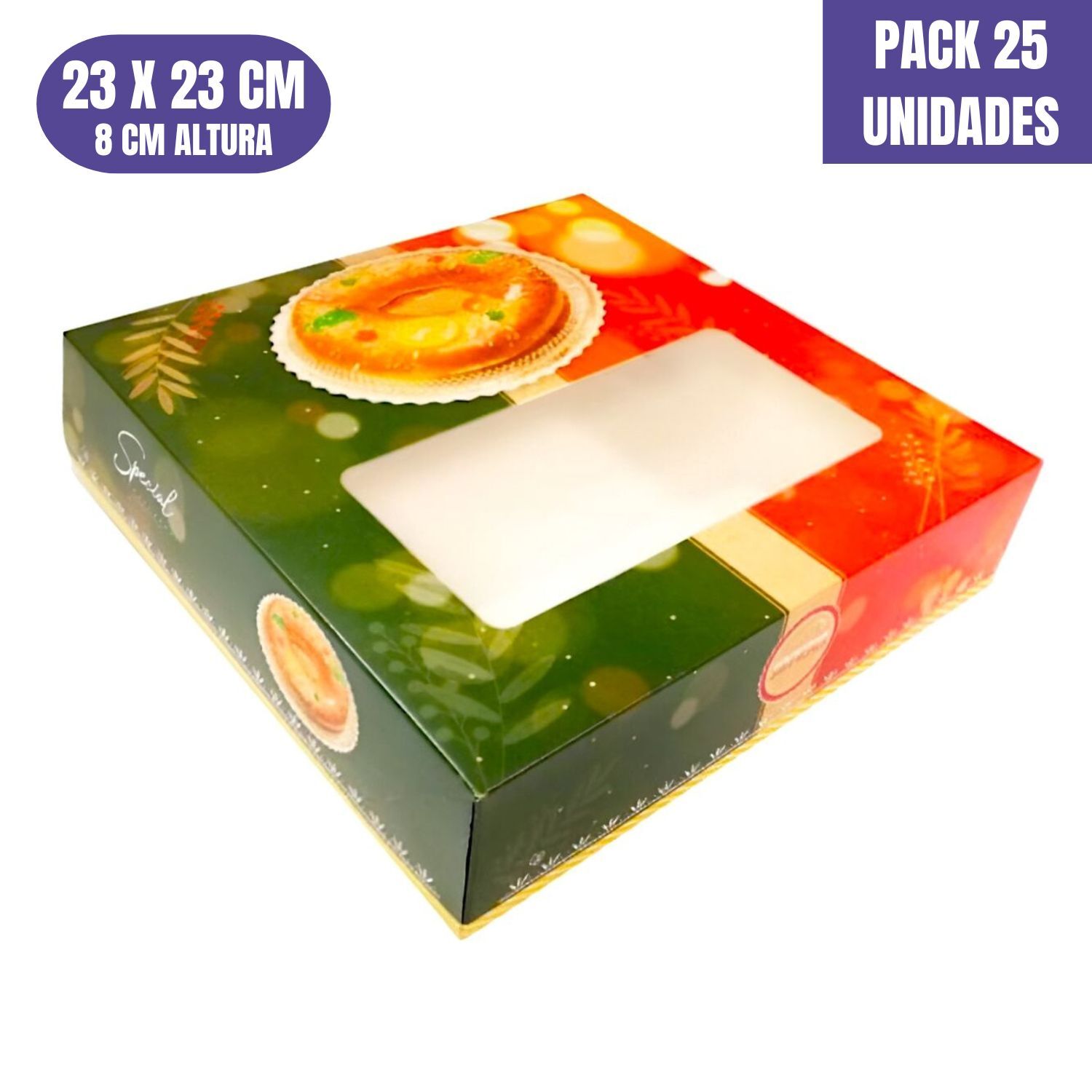 CAJAS PARA ROSCON DE REYES ROJA Y VERDE - 23 X 8 CM (25 UNIDADES)