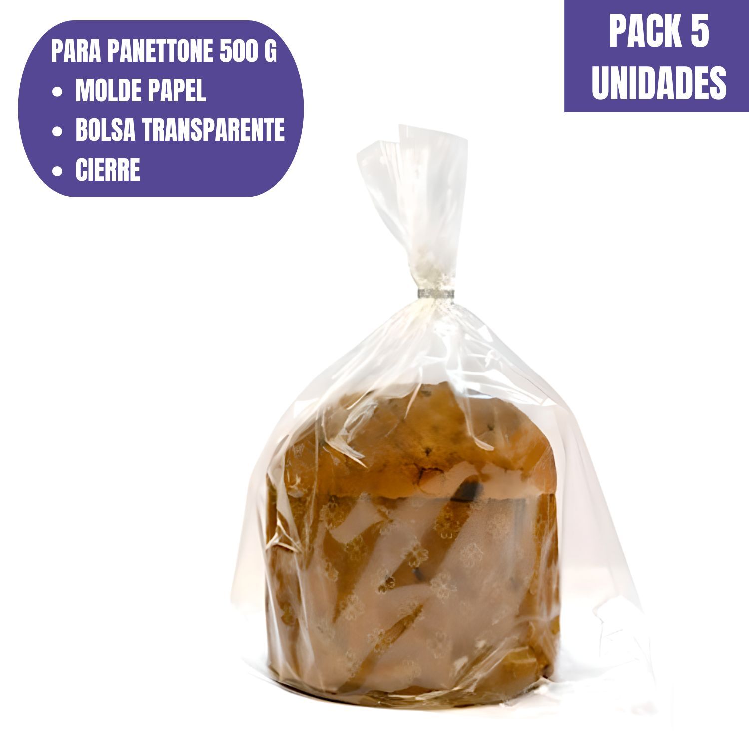 SET MOLDE DE PAPEL PARA PANETTONE + ENVOLTORIO + CIERRE - 500 G (5 UNIDADES)