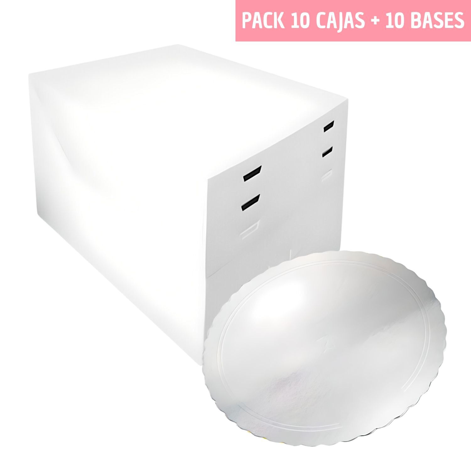 SET 10 CAJAS PARA TARTA ALTURAS AJUSTABLES + BASES REDONDAS PLATA - 24 CM Ø