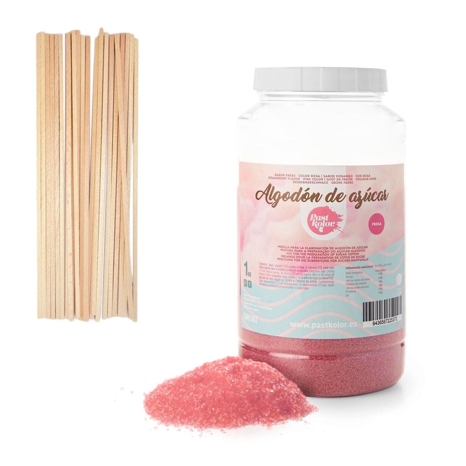 PACK ALGODON DE AZUCAR ROSA (SABOR FRESA) 1 KG + 60 PALITOS DE MADERA