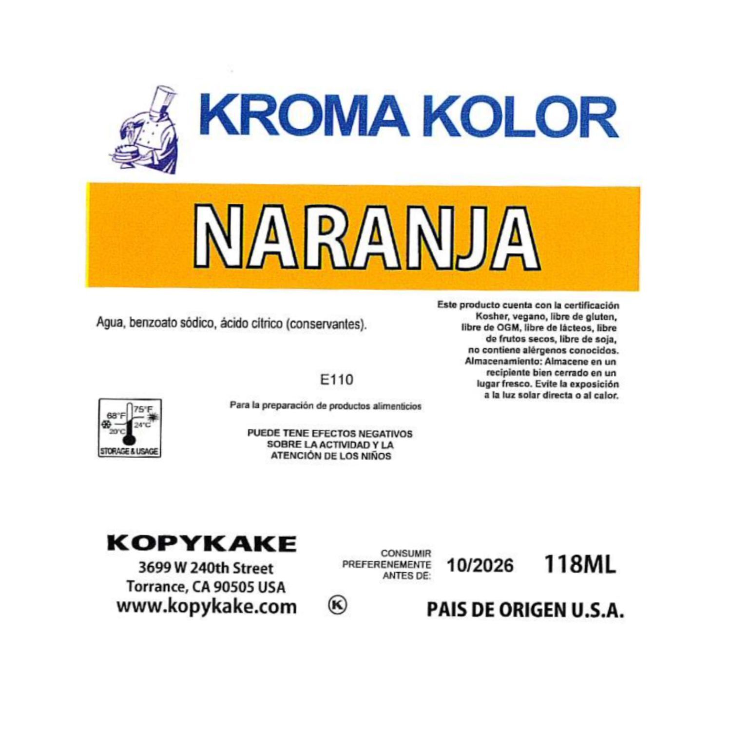 COLORANTE AEROGRAFO "KROMA KOLOR" KOPYKAKE - NARANJA (118 ML)