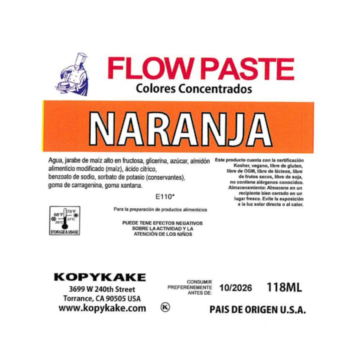 COLORANTE EN GEL "FLOW PASTE" KOPYKAKE - NARANJA (118 ML)