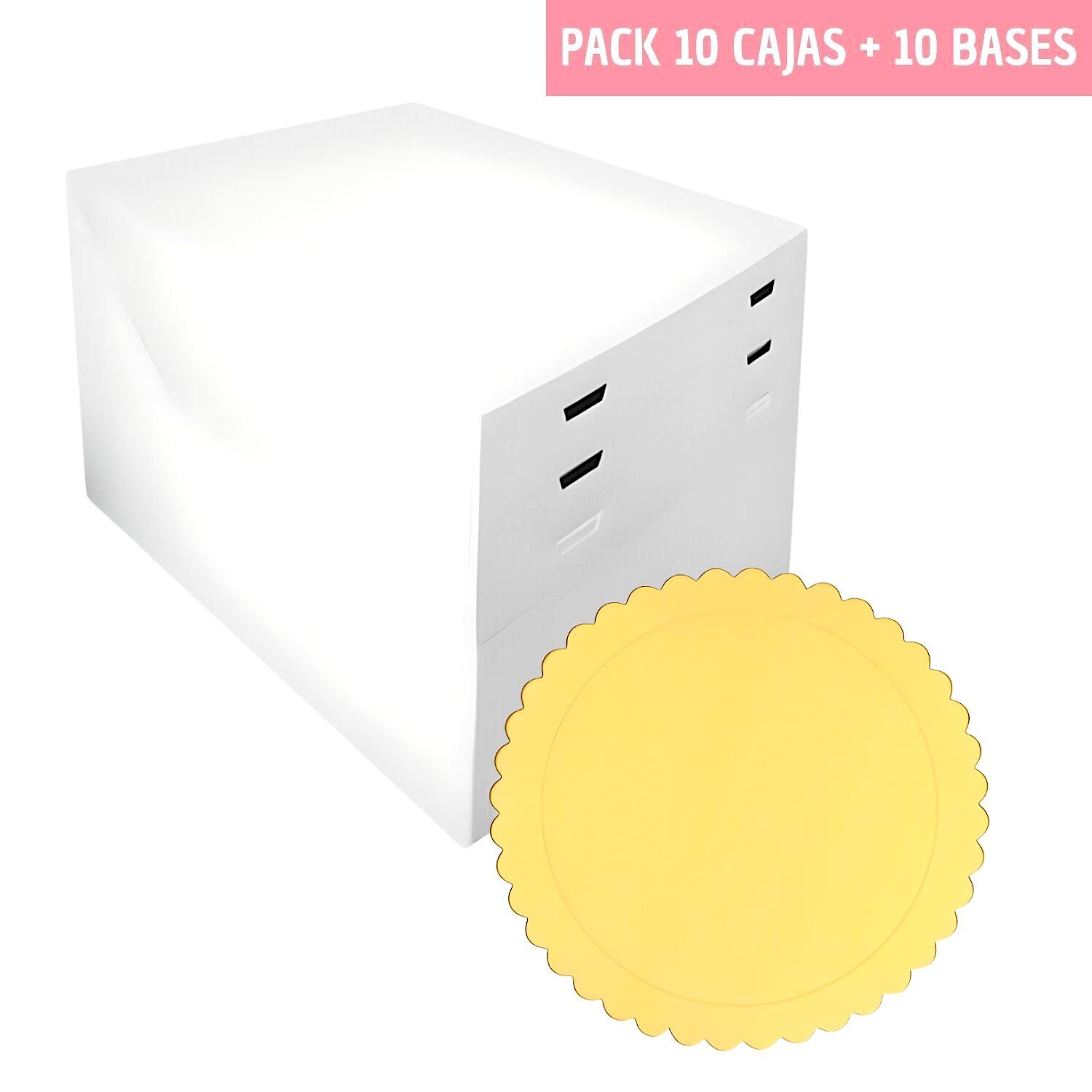 SET 10 CAJAS PARA TARTA ALTURAS AJUSTABLES + BASES REDONDAS DORADA (1 MM) - 18 CM Ø