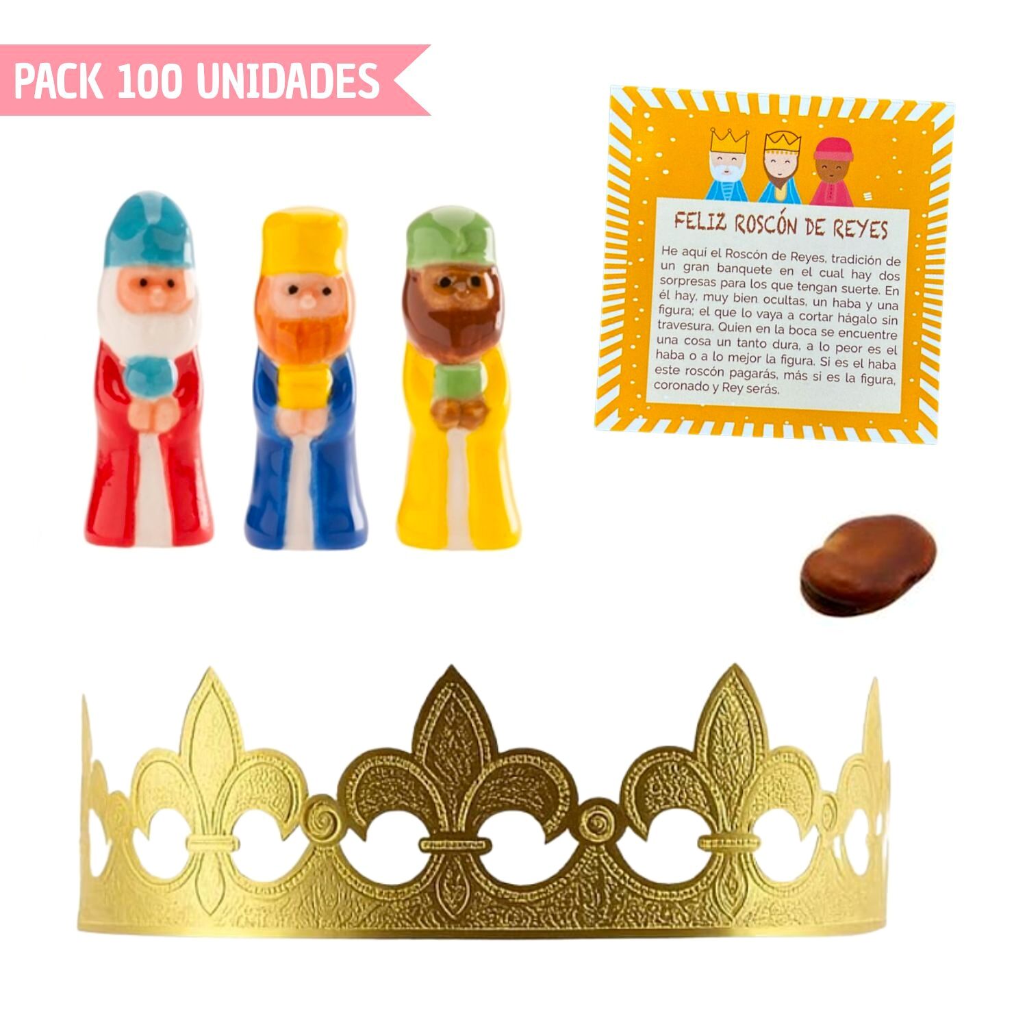 SET ROSCON - CORONA ORO, REY PORCELANA, HABA Y TARJETA (100 UNIDADES)