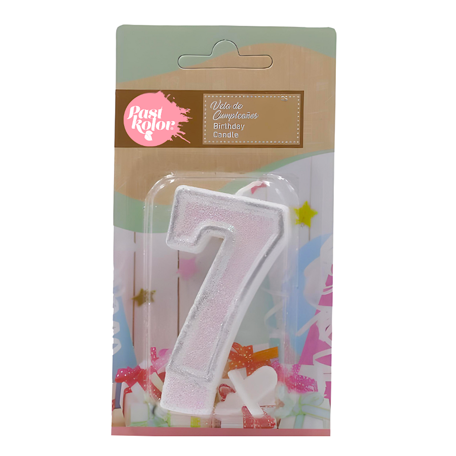VELA CUMPLEAÑOS PLATEADA Y BLANCA CON PURPURINA - NUMERO 7