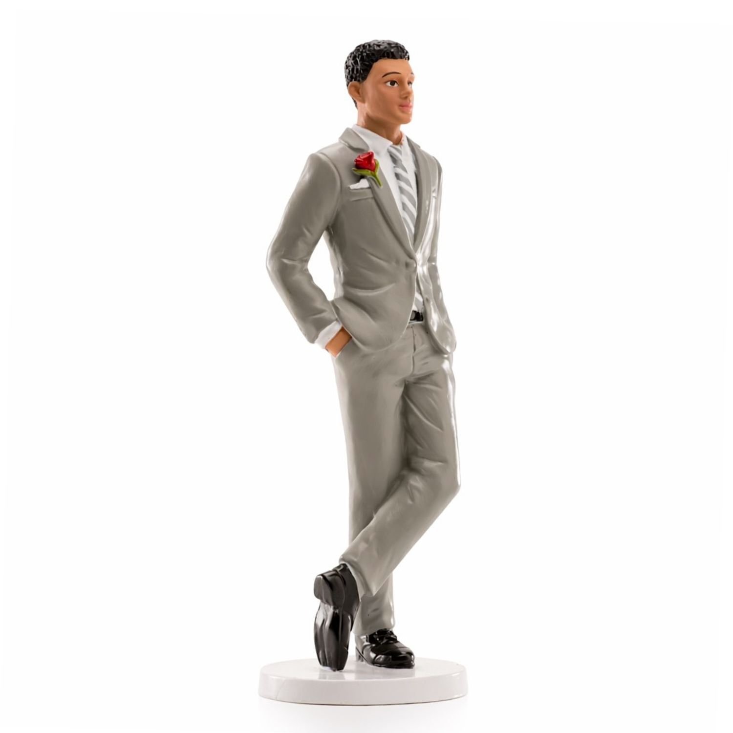 FIGURA PARA TARTA DE BODA NOVIO CON TRAJE GRIS Y ROSA ROJA