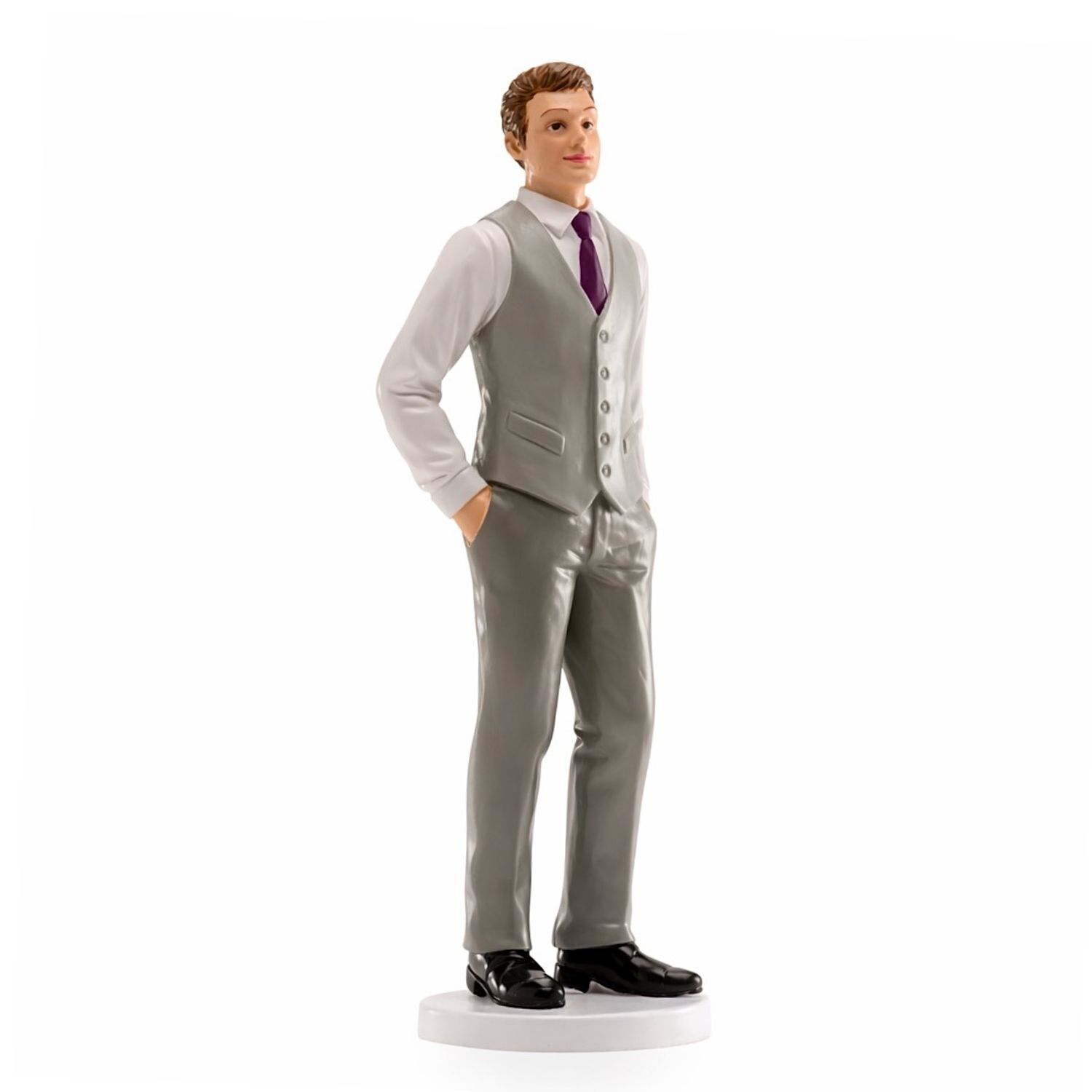 FIGURA PARA TARTA DE BODA NOVIO CON CHALECO GRIS Y CORBATA MORADA