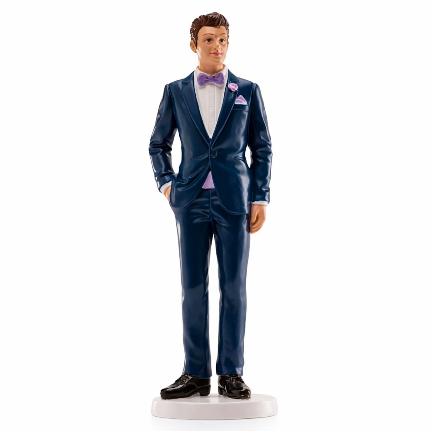 FIGURA PARA TARTA DE BODA NOVIO CON TRAJE AZUL Y PAJARITA LILA