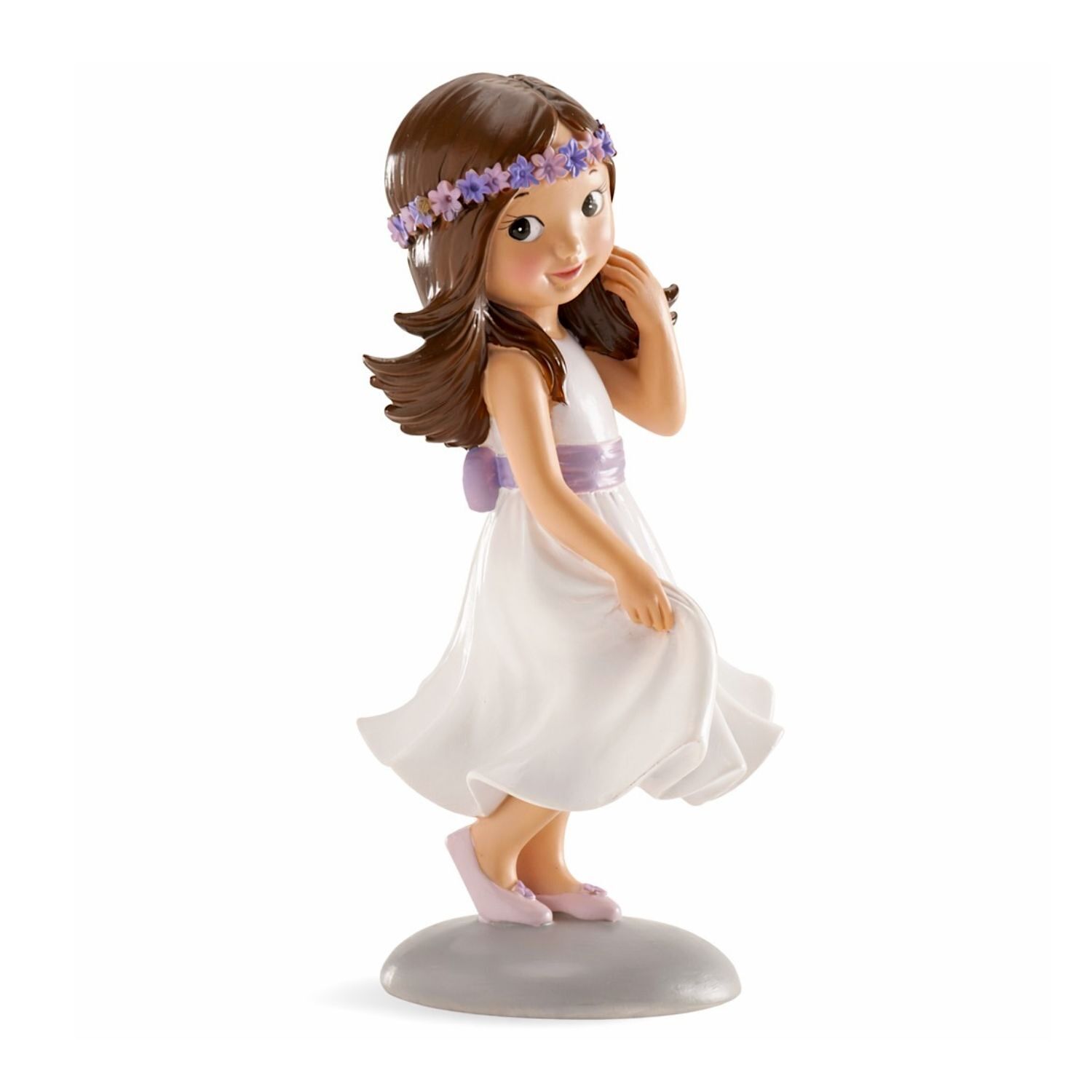 FIGURA PARA TARTA NIÑA DE COMUNION CON VESTIDO BLANCO Y LAZO VIOLETA