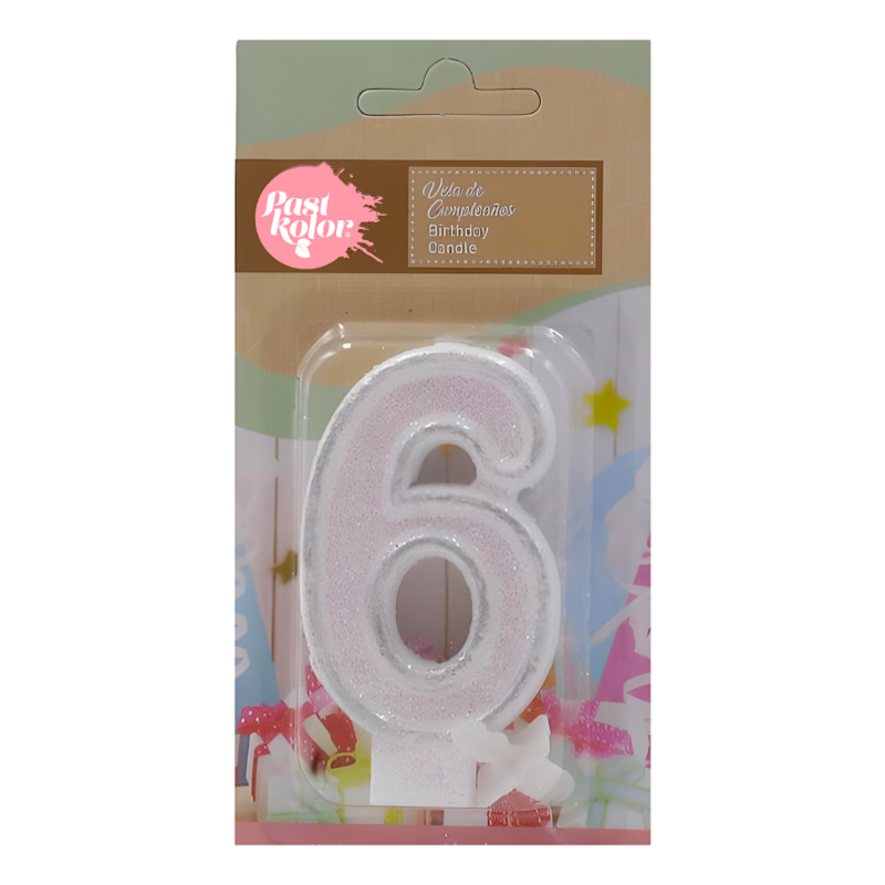 VELA CUMPLEAÑOS PLATEADA Y BLANCA CON PURPURINA - NUMERO 6