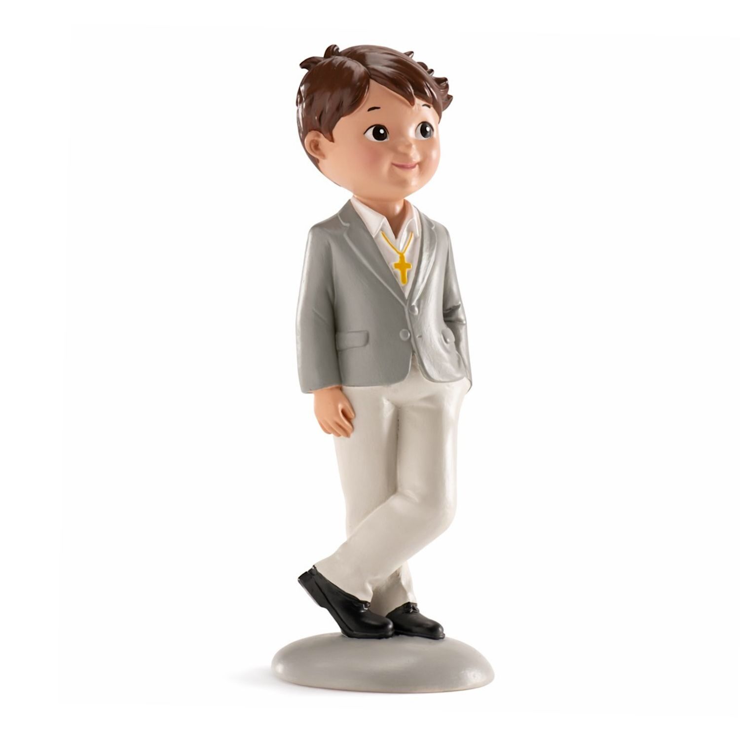 FIGURA PARA TARTA NIÑO DE COMUNION CON TRAJE GRIS Y CRUZ DORADA